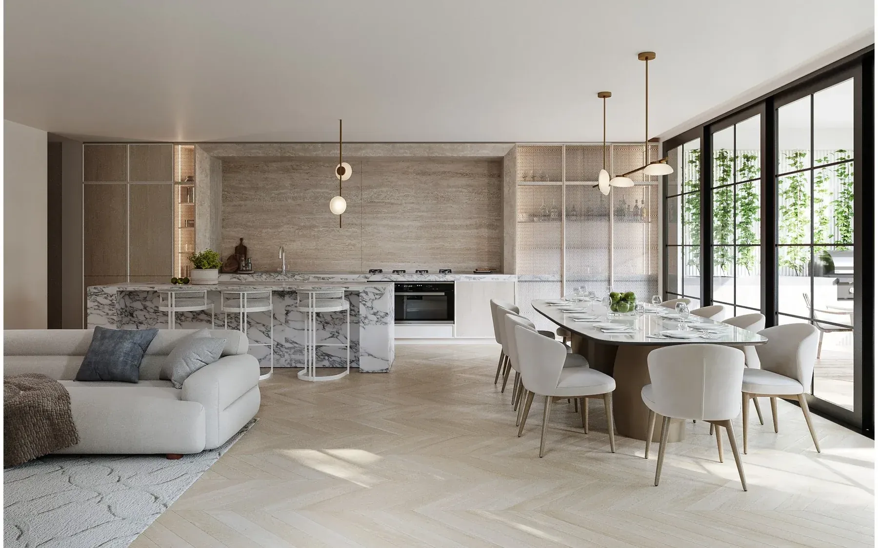 Bellevue Hill &mdash; open-plan kitchen and dining with herringbone floor and marble island, Eastern Suburbs