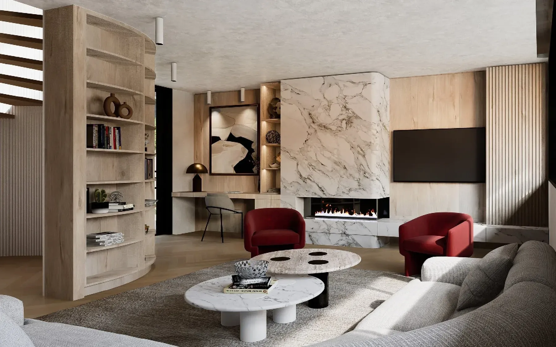 Double Bay &mdash; living room with marble fireplace, red armchairs and timber joinery, Eastern Suburbs