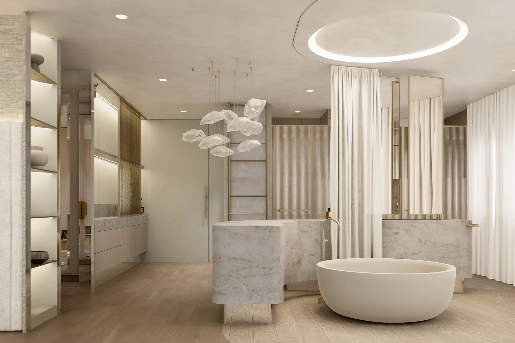 Render of a master ensuite with freestanding bath, marble vanities and a curtained dressing area