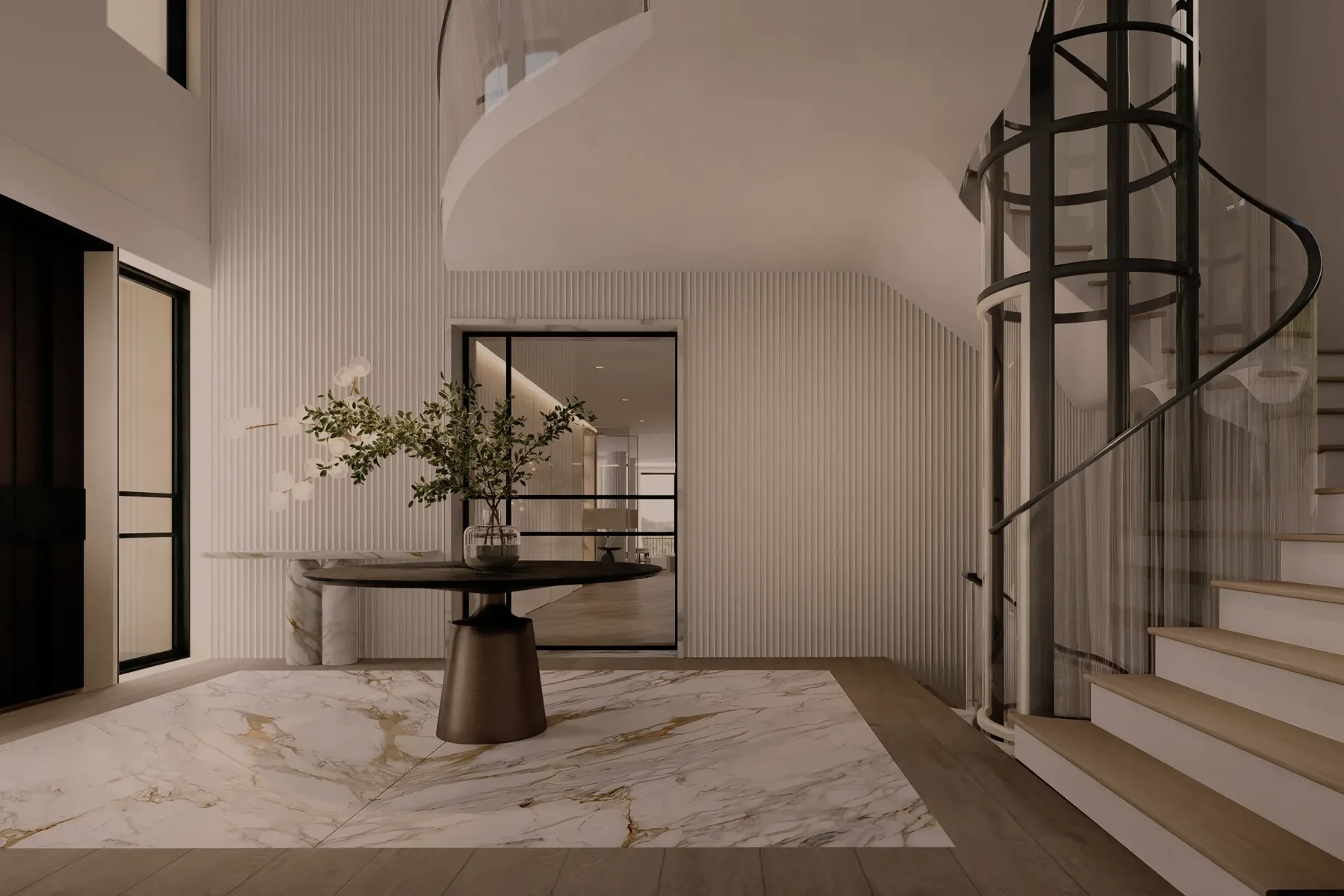 Render of a double-height entry with spiral staircase, round bronze table and marble inlay floor