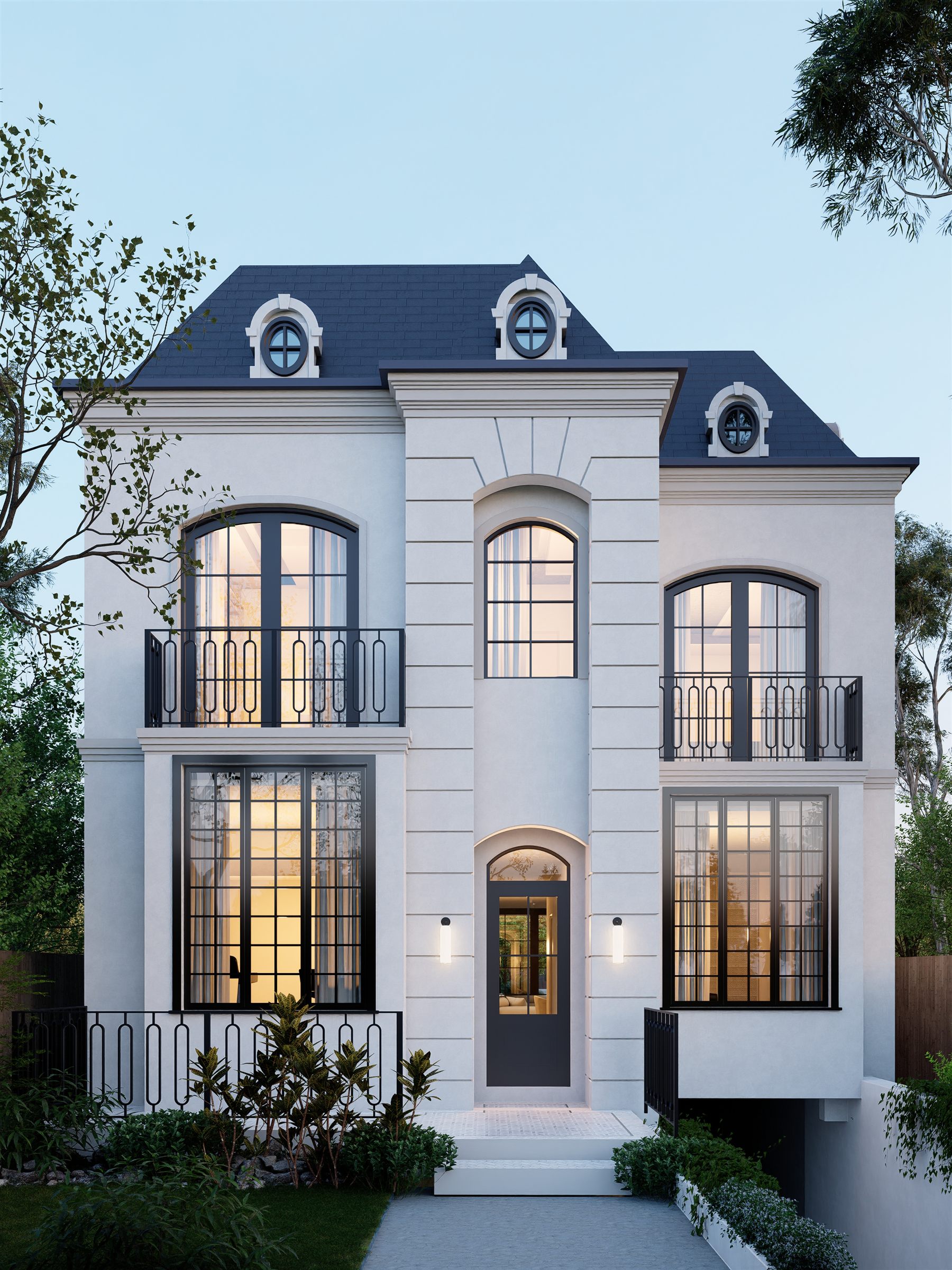 Bellevue Hill, Eastern Suburbs &mdash; Parisian-style facade with dormer windows and Juliet balconies at dusk