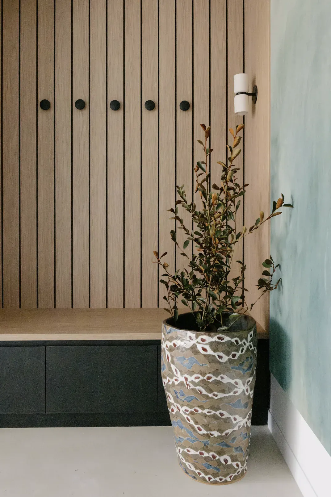 Freshwater, Northern Beaches &mdash; entry nook with timber slat wall, coat hooks, bench seat and patterned planter