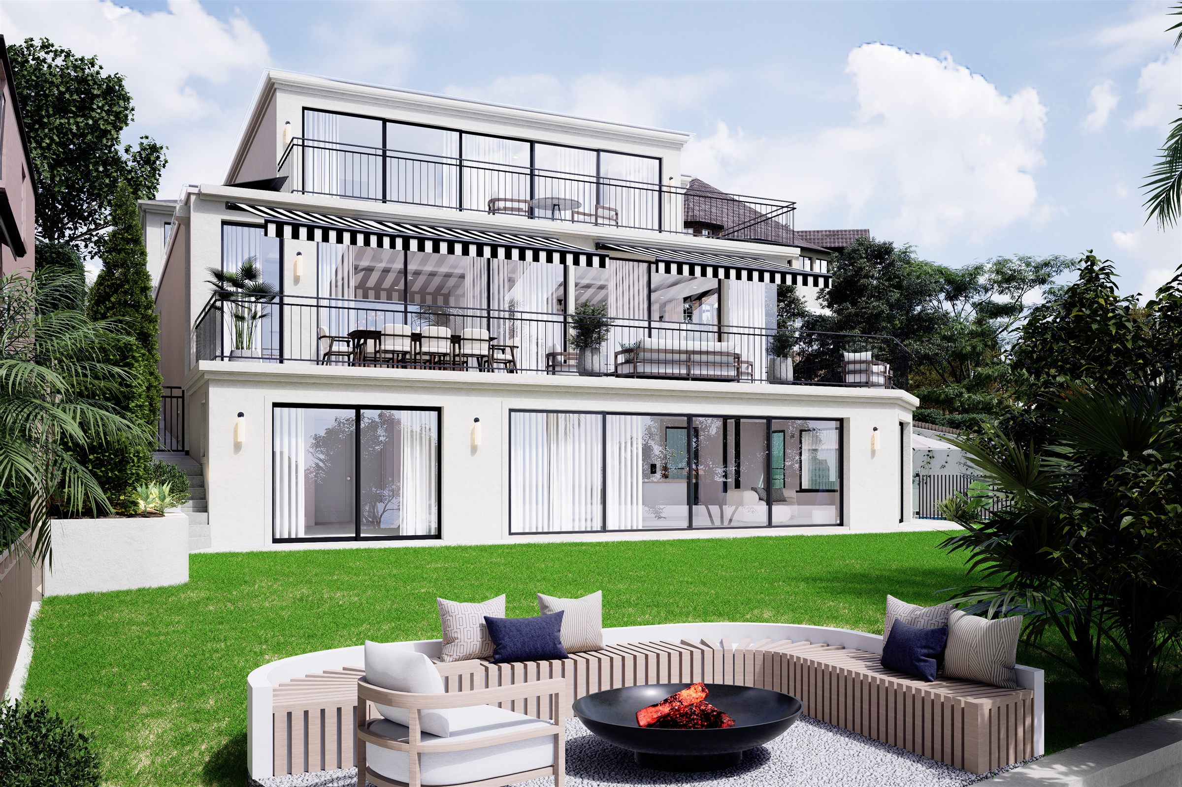 Greenwich, Lower North Shore &mdash; contemporary home with striped awnings, lawn and fire-pit seating area