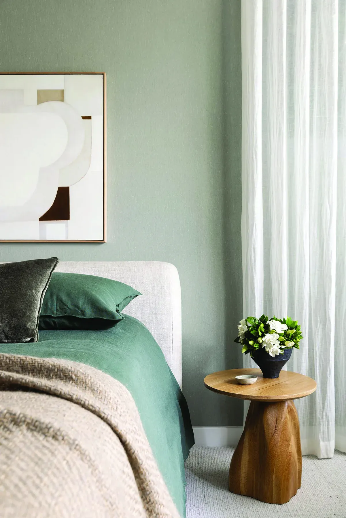 Mosman 02 &mdash; bedroom with sage green walls and bedhead, olive velvet cushions and timber side table