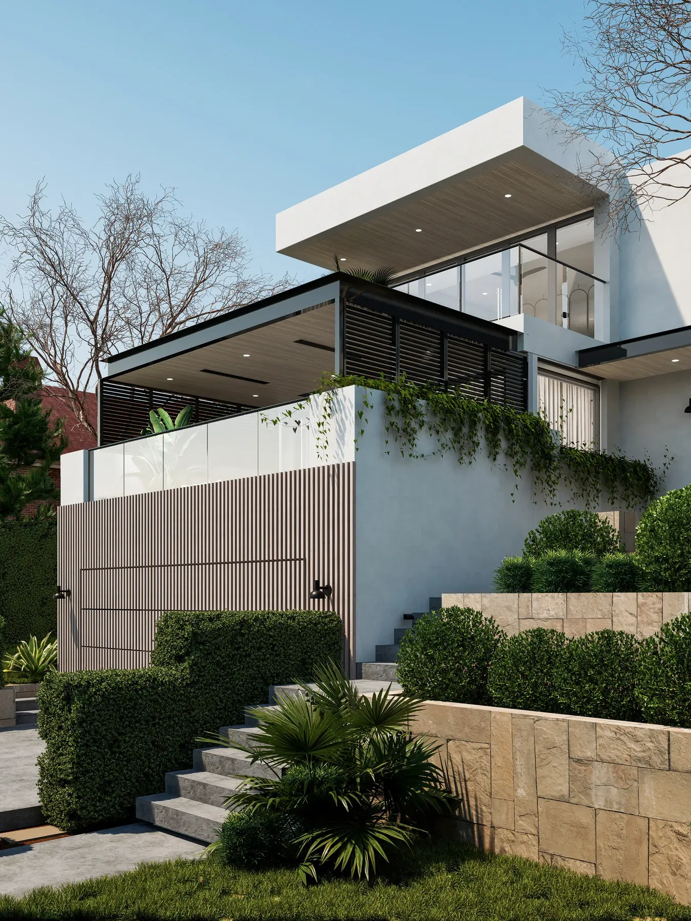Northbridge, Lower North Shore &mdash; contemporary home with cantilevered upper level, timber-clad garage and landscaped garden