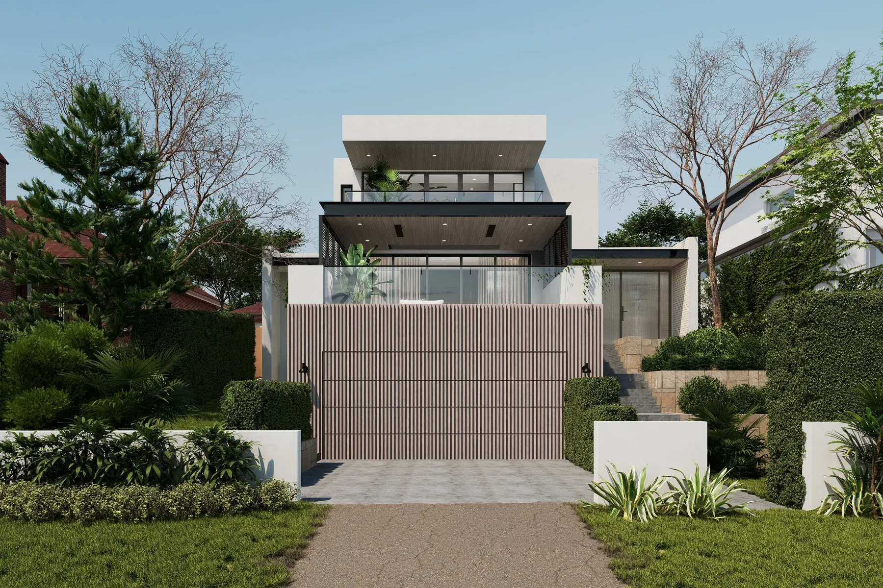Northbridge &mdash; front facade with landscaped garden and stone driveway