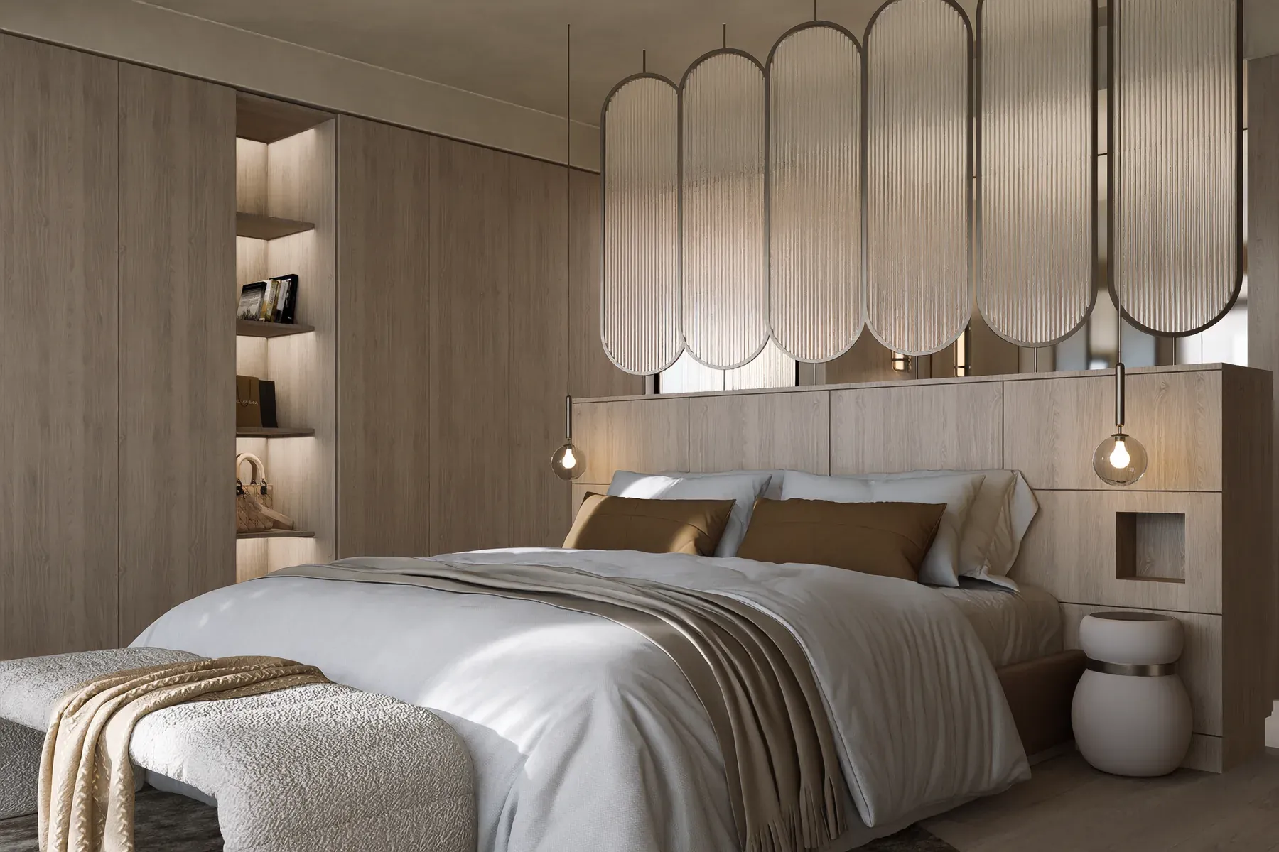 Northbridge &mdash; main bedroom with timber headboard wall and scalloped glass screen